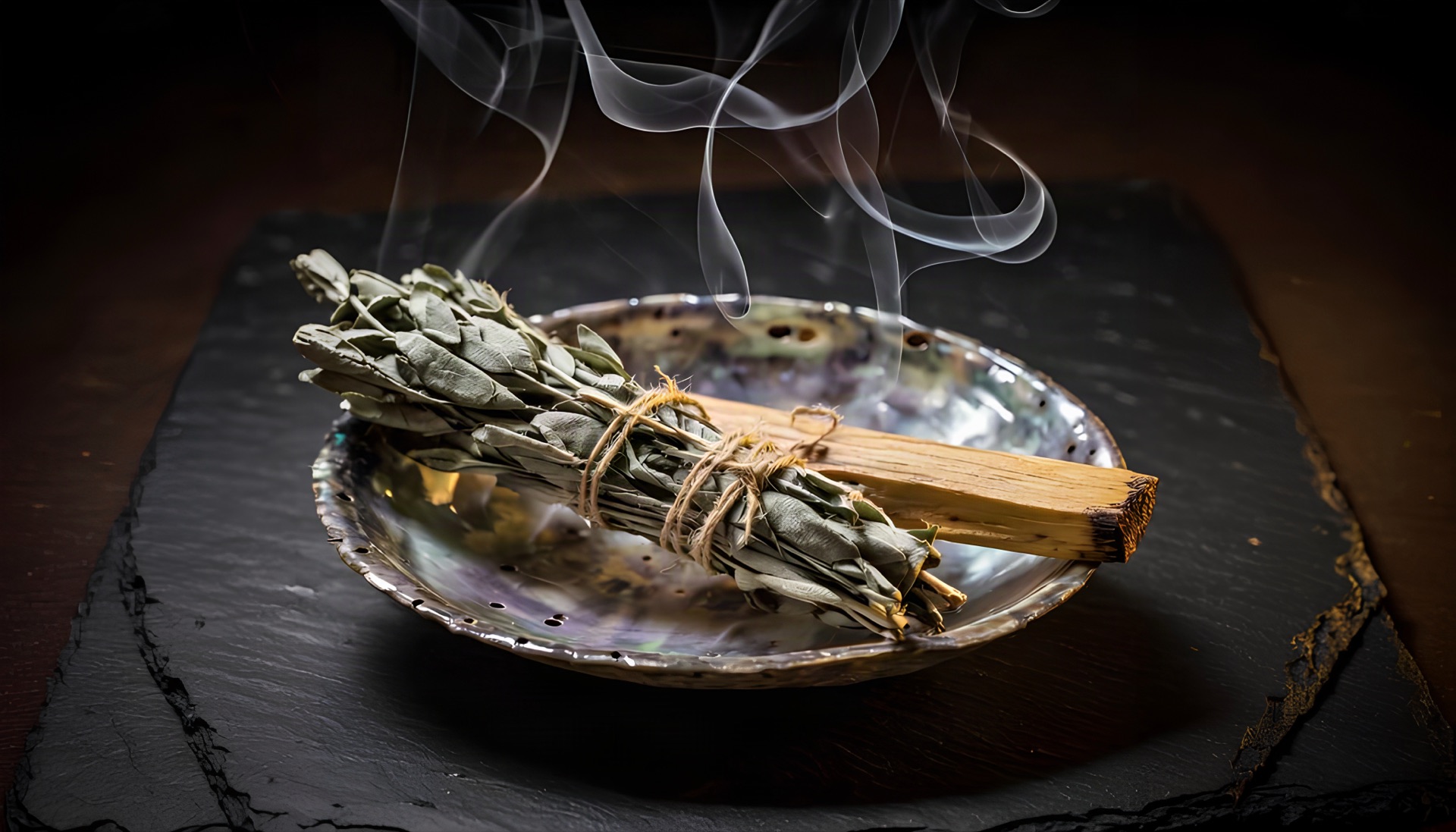 Weisser Salbei und Palo Santo in einer Abalone-Muschel