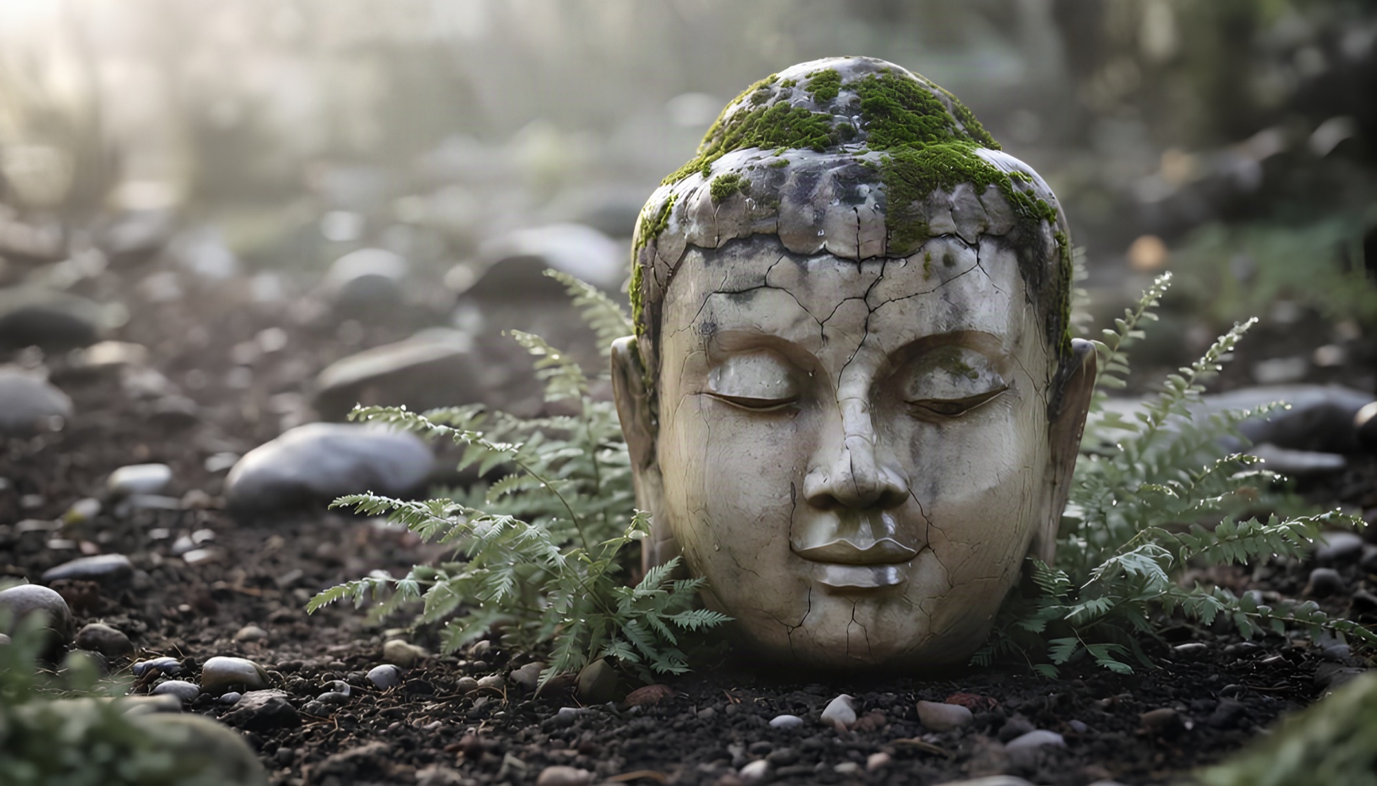 Verwitterter Buddha-Kopf aus Stein, von Moos bewachsen, in einem ruhigen Garten