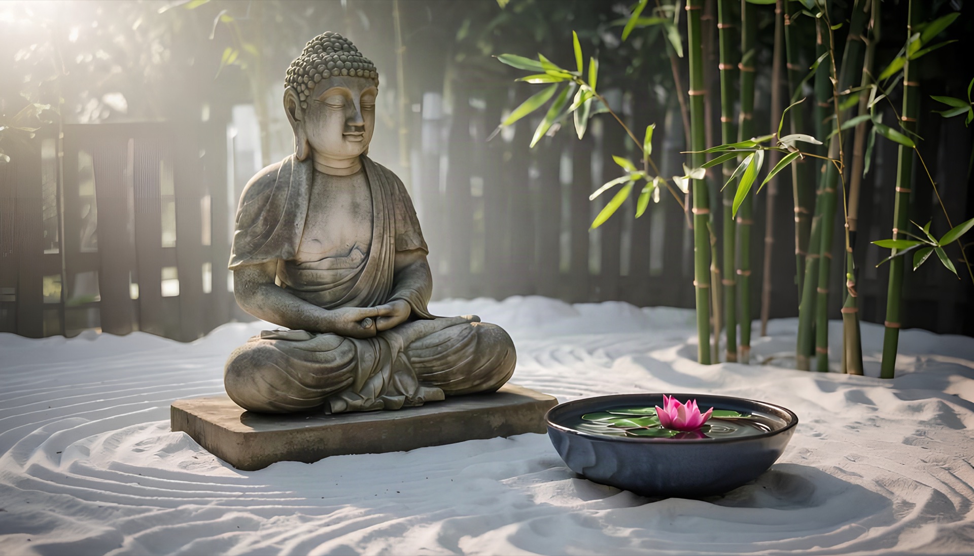 Buddha-Steinfigur in einem kleinen Zen-Garten