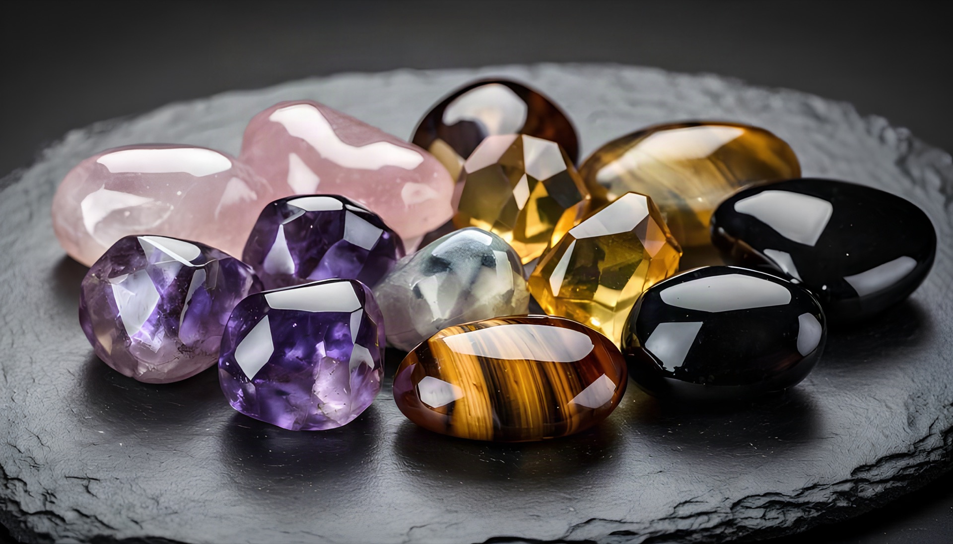 Polierte Edelsteine: Amethyst, Rosenquarz, Citrin, Tigerauge und Obsidian