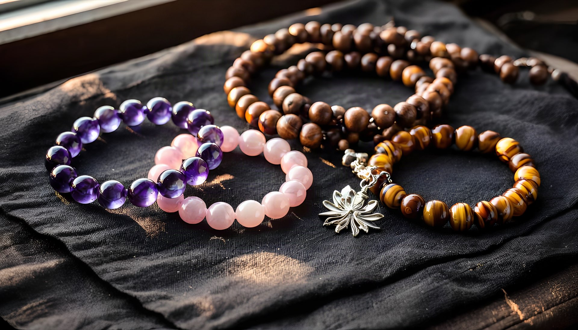 Armbänder aus Amethyst, Rosenquarz und Tigerauge neben einer Mala