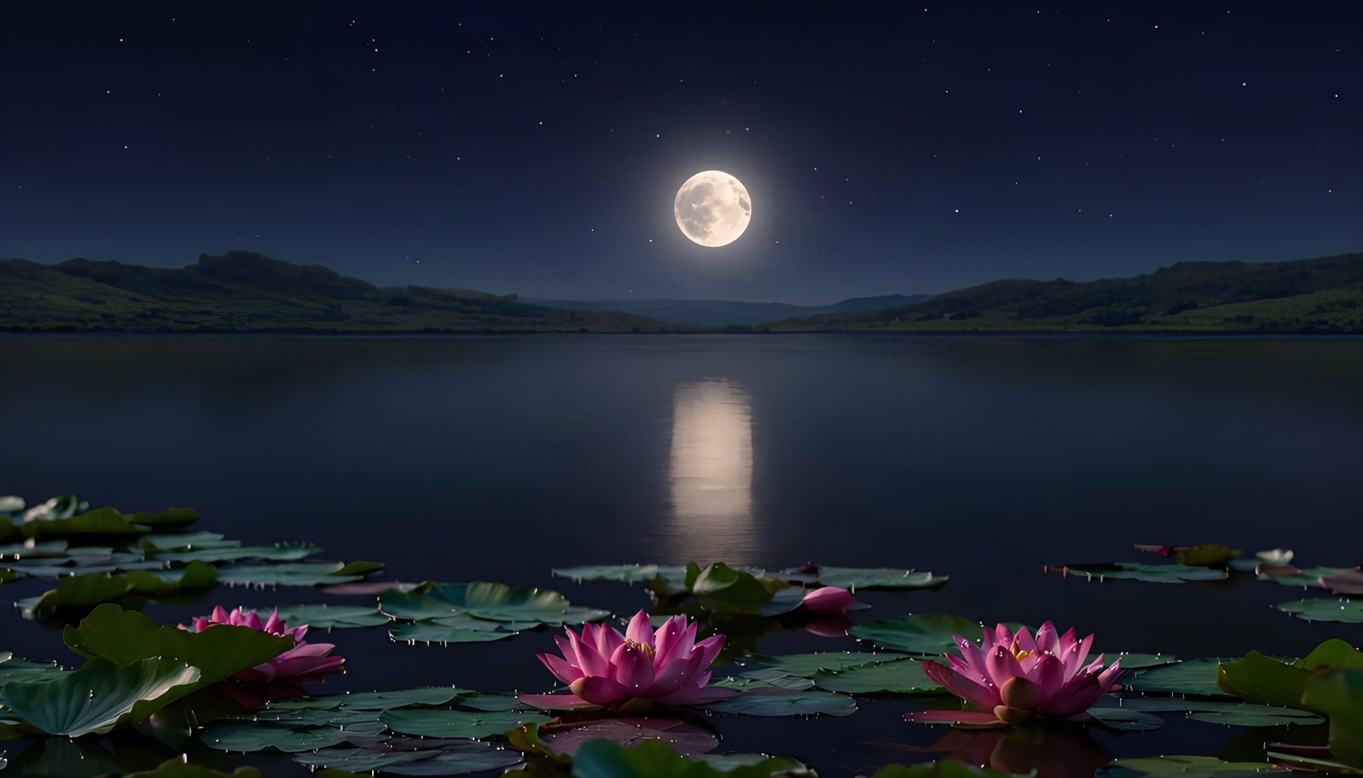 Vollmond über einem stillen See mit Lotusblüten