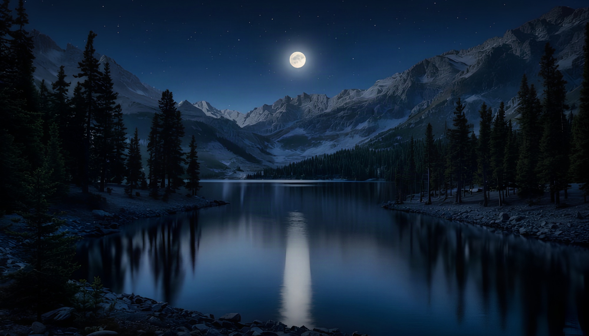 Vollmond über einem stillen Bergsee
