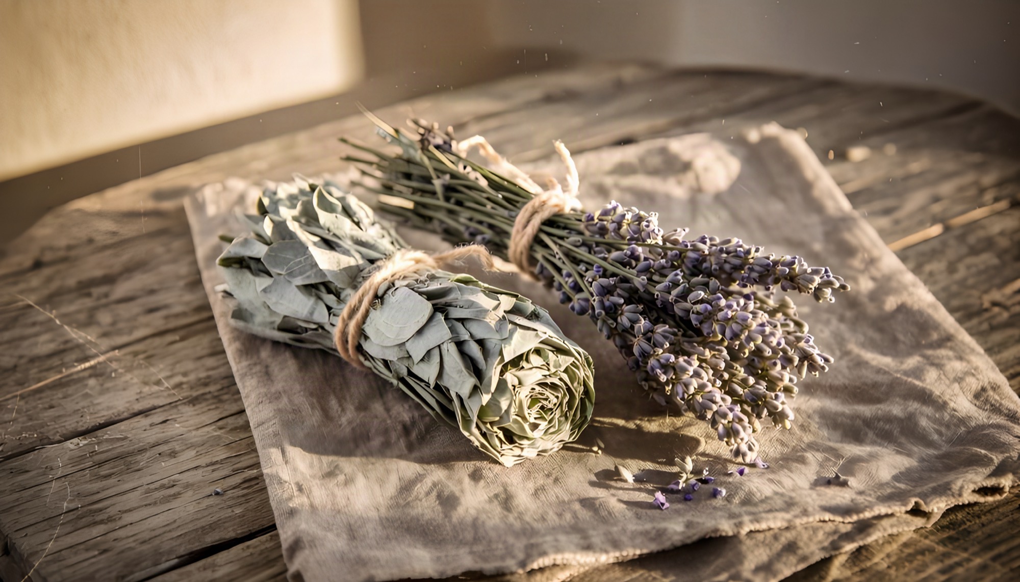 Gebündelter getrockneter Salbei und Lavendel auf Leinen