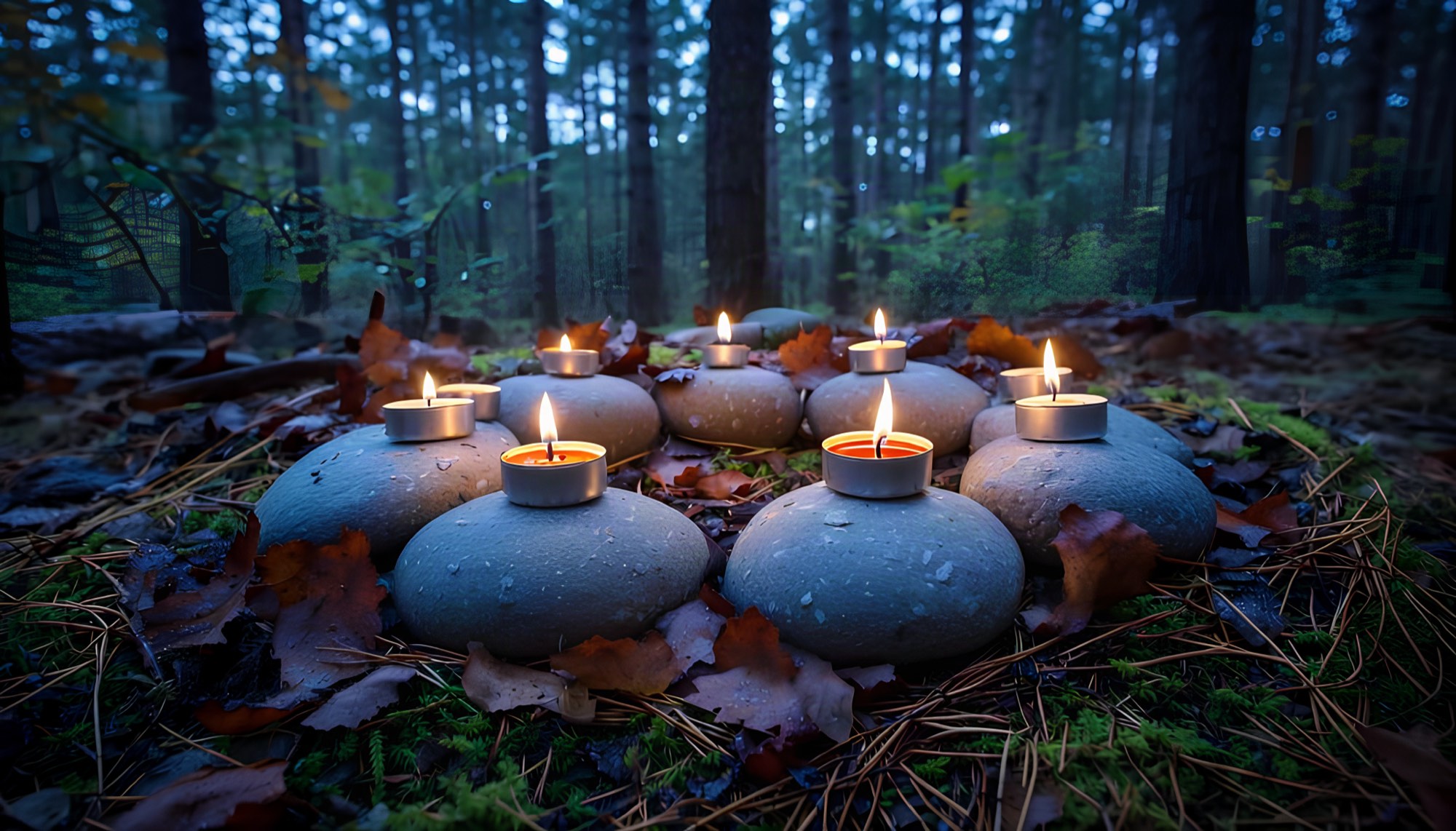 Kleiner Steinkreis mit Teelichtern auf dem Waldboden in der Dämmerung