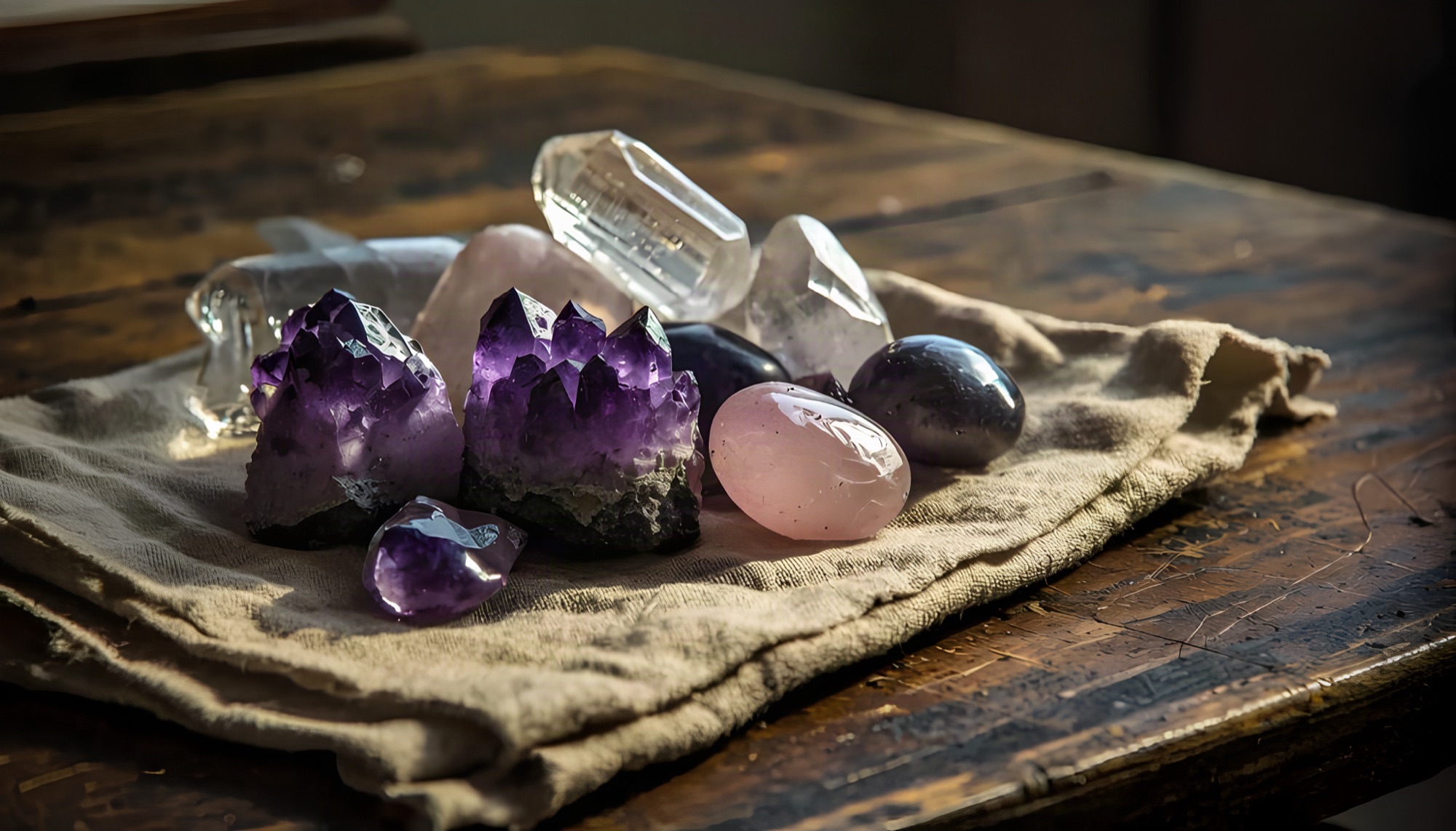 Amethyst, Rosenquarz und Bergkristall auf einem Leinentuch