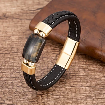 Charme Natürliche Tigerauge Stein Armband Für Männer Geometrische Form Naturstein Schwarz Geflochtene Leder