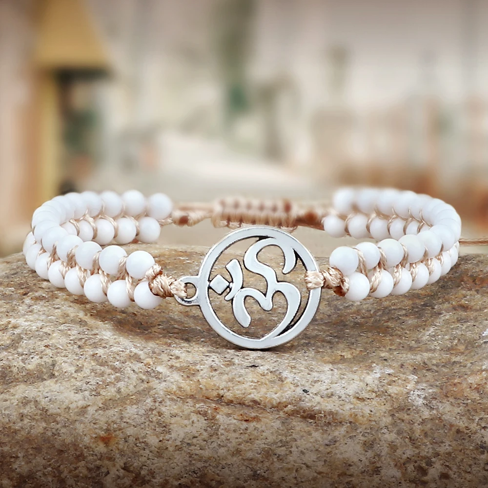 Vintage OM Perlen Armbänder Reiki Symbol Weiß Natürliche Stein Buddhistischen Gebet Geflochtene Armband Yoga