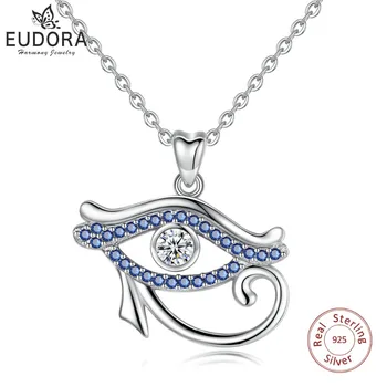 EUDORA 925 Sterling Silber Blau kristall Alte Ägypten Auge Des Horus anhänger Halskette Glück Auge Feine