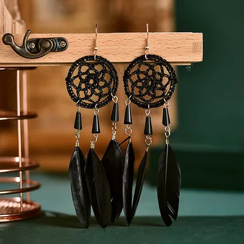 Feder Fransen Dreamcatcher Lange Ohrring für Frauen Rot Blau Schwarz Feder Quaste Ohrringe Handgemachte Boho