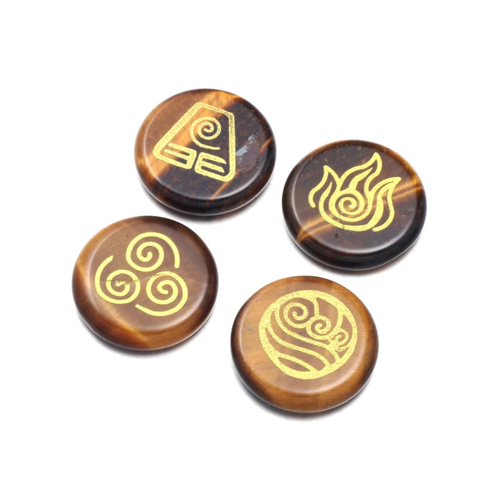 Chakra-Steine mit Lapislazuli, gravierten Symbolen, runde Form, polierter Palmenstein (4 Stück)