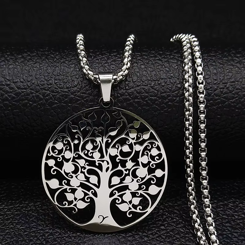 Lebensbaum-Anhänger Edelstahl-Halskette Silberfarben Damen Herren Amulett Halskette Schmuck Collar Arbol De La