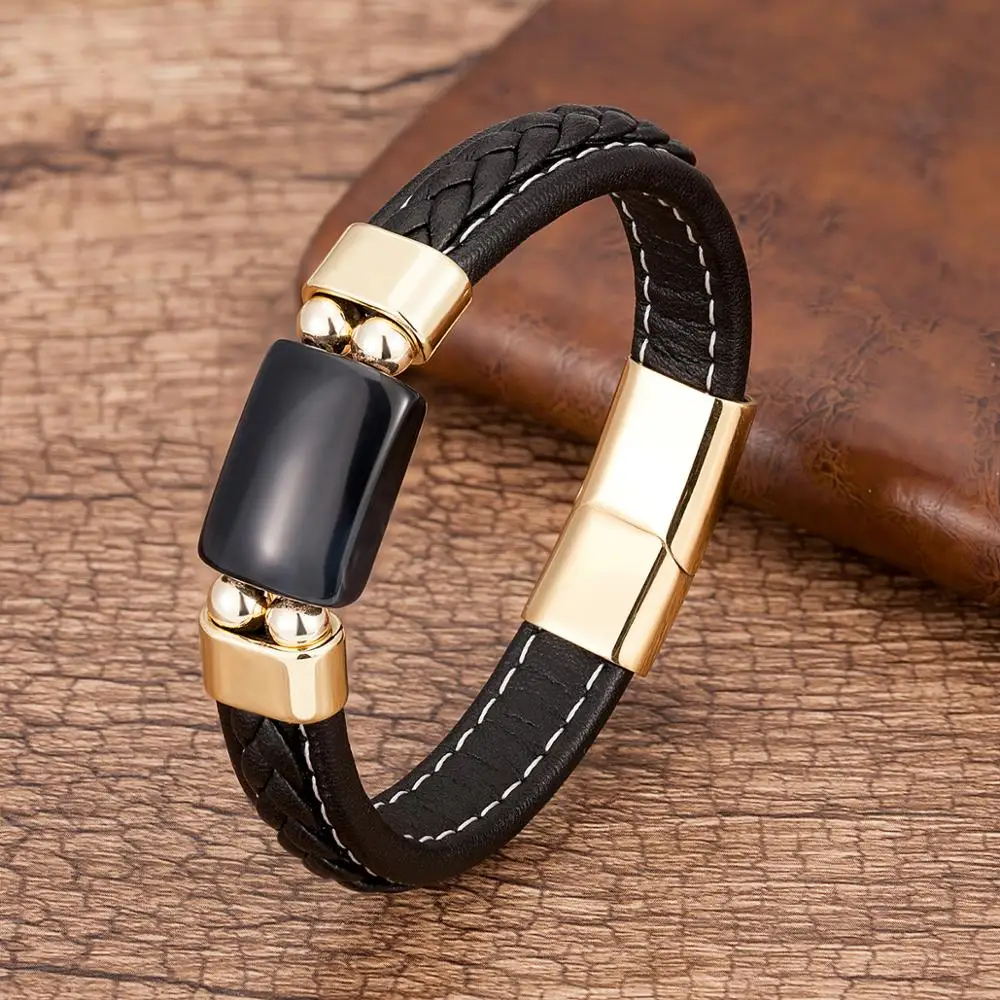 Charme Natürliche Tigerauge Stein Armband Für Männer Geometrische Form Naturstein Schwarz Geflochtene Leder