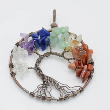 Vintage Multi-farbe Natürliche Stein 7 Chakra Baum Des Lebens Halskette Anhänger Frauen Runde Handmake Kupfer