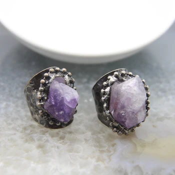 Natürliche Amethyst Geode Nugget Einstellbar Lila Quarz Drusy Kristall Offene Ringe Charms Für frau Mode