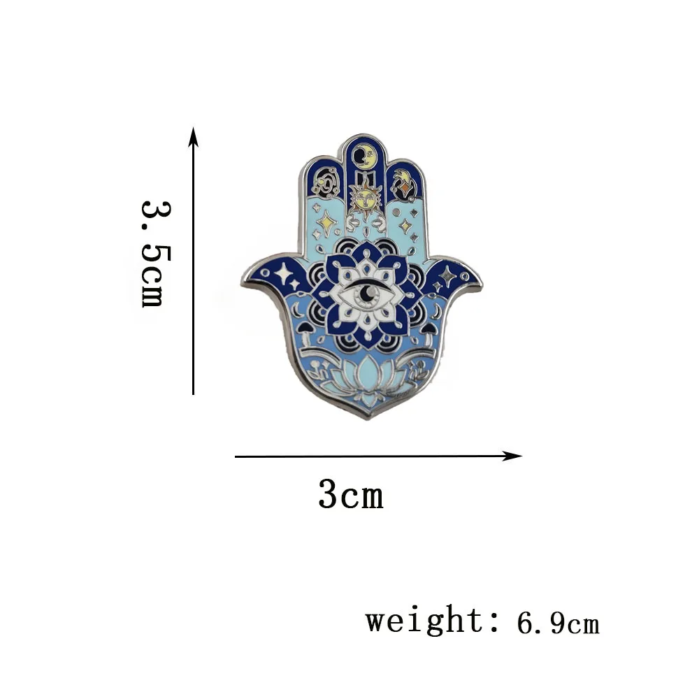 Hamsa Hand von Fatima Emaille-Pins für Frauen, Böses Auge Mandala Broschen, Mystische Mond-Sonne