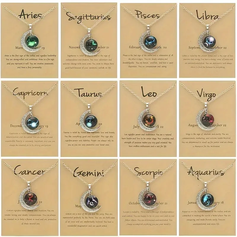 Halskette mit Sternzeichen aus Glas, Mond-Anhänger, mit Karte, Vintage-Astrologie, Sternbild, Schmuck