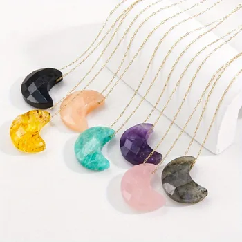 Kleine Mond-Halskette mit natürlichem Kristallstein-Anhänger für Frauen und Mädchen, Halbmond-Pendel, Citrin