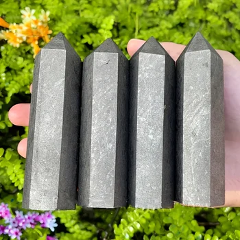 Natürlicher Schungit-Turm, SHUNGITE-Punktturm, SHUNGITE-Kristallquarz-Obelisk, polierter schwarzer