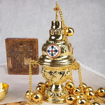 Kirchenlieferant, vergoldeter orthodoxer Räuchergefäß mit Holzkohleöl und Griff, Weihrauchbrenner für die