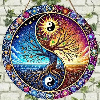 2D Flaches Holz-Schild „Yin Yang Lebensbaum“, Keltische Mandala Wandkunst, Spirituelle Zen Yoga Dekoration