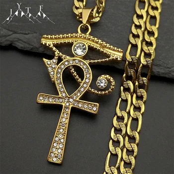 Edelstahl Auge von Ra Horus Ankh Kreuz Anhänger Halsketten für Frauen Männer Mythologie Strass Ägyptische