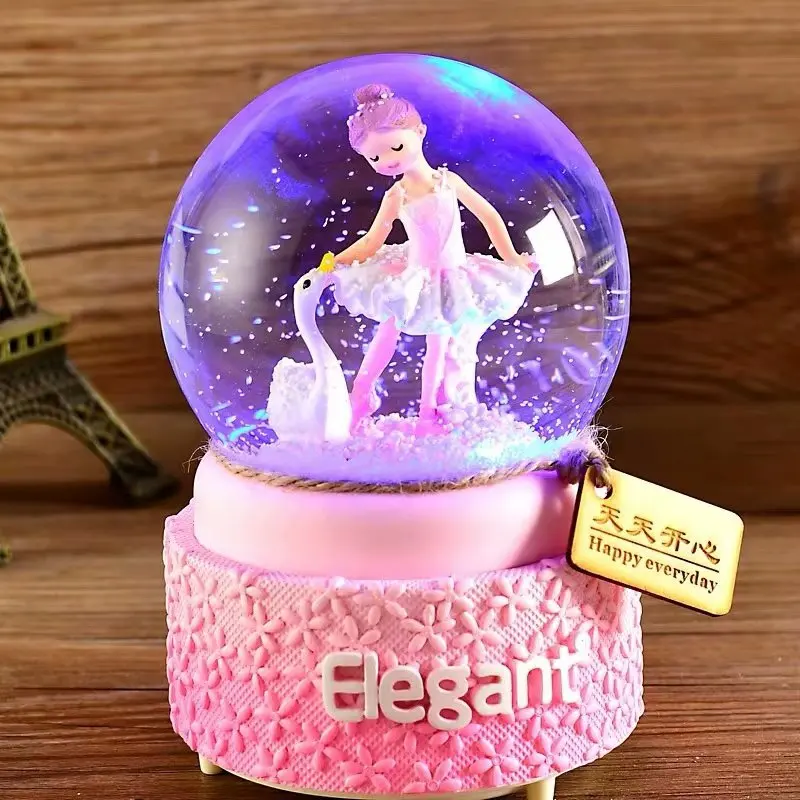 Kristallkugel-Spieluhr mit Cartoon-Ballettmädchen, Leuchtende Schneeflocken, Geburtstagsgeschenk
