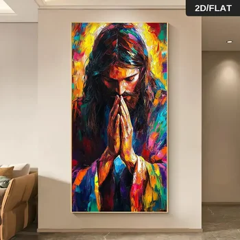 Extra großes 70x140cm (27,5x55,1 Zoll) Jesus-Gebets-Leinwandgemälde - Moderne abstrakte religiöse Wandkunst