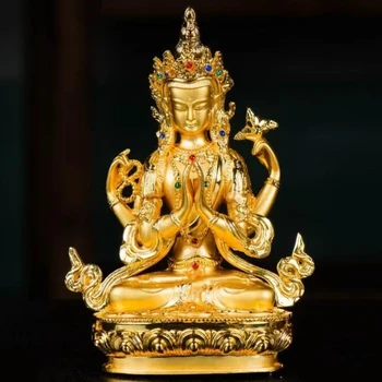 Vierarmige Guanyin-Buddha-Statue, buddhistischer Artikel, vergoldete Zinklegierung, exquisite tibetische