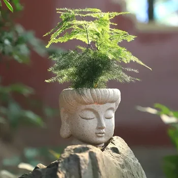 Buddha-Kopf-Statue, kleiner Pflanzentopf, Sukkulenten-Pflanzgefäß aus Kunstharz, Gartentöpfe, dekorative