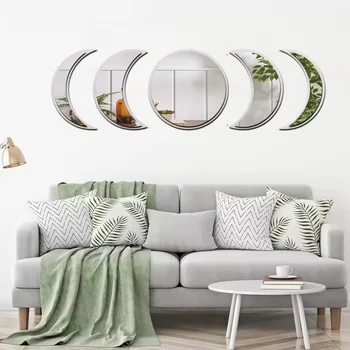 Nordischer Holz-Mondphasenspiegel 5-teilig, Boho Wanddekoration für Schlafzimmer Wohnzimmer, Mondzyklus