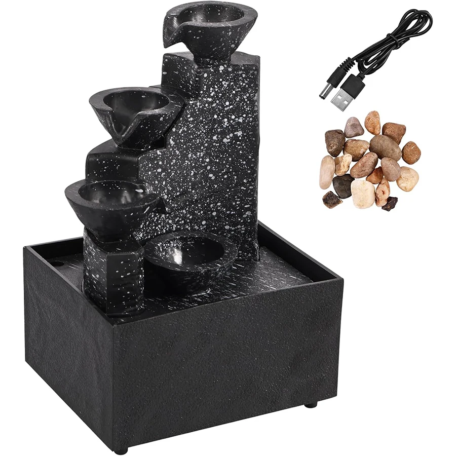Mini-Zen-Tischbrunnen - entspannender LED-Wasserfall für Büro, Schreibtisch, Yoga, Zimmer und Feng Shui-Dekor