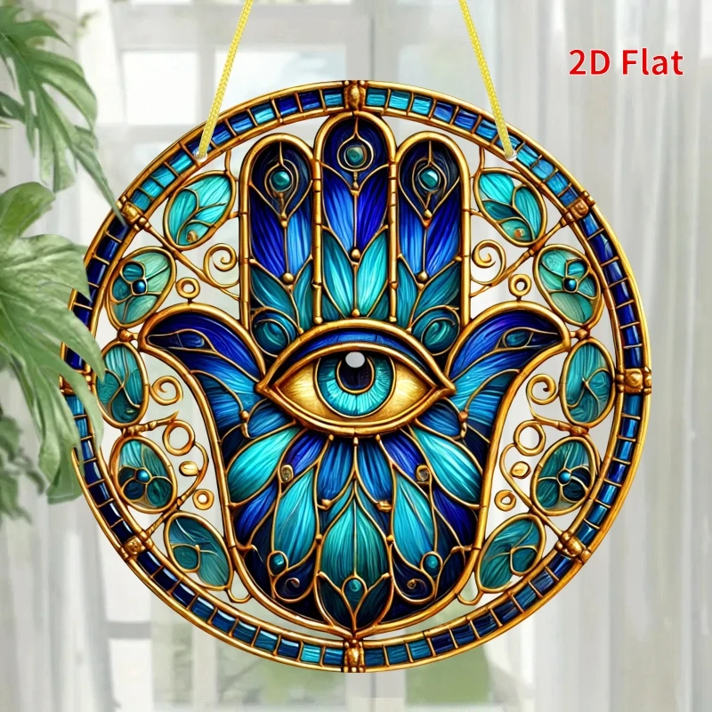 Luxuriöser türkisfarbener und goldener Hamsa-Hand, böser Blick, Sonnenfänger - Wand- und Fensterdekoration aus