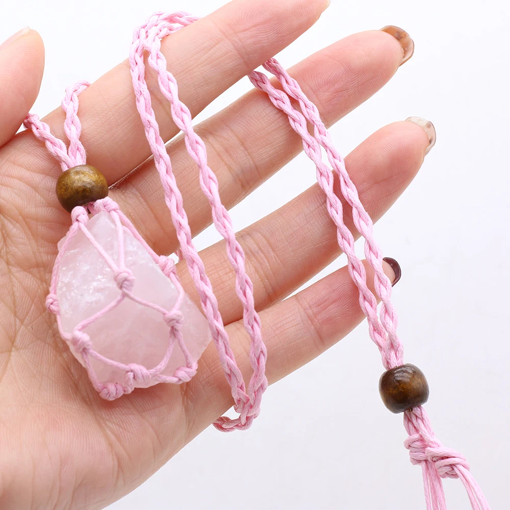 Fluorit Natural Mineral Braid Net Tasche Anhänger Seil Halskette Reiki Stein Raw Kristall Quarz Handwerk Weben