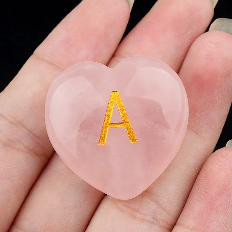 3 cm natürliches Rosenquarz-Herz, 26 Buchstaben, Alphabet, rosa Kristallstein, Basteln, Heimdekoration