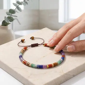 7-Chakra-Armband, Schmuck aus Natursteinperlen, gewebt, für Damen, mit 7 Chakra-Farben: Rot, Orange, Gelb