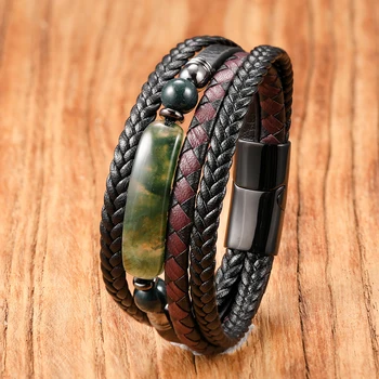 Natursteinperlen, mehrschichtiges geflochtenes Lederarmband, Boho-Hippie, handgefertigtes Geschenk für Männer