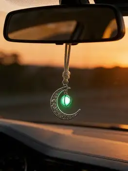 Leuchtender Mond-Anhänger zum Aufhängen im Auto - hohles Halbmond-Design, eingelegt mit leuchtendem Stein