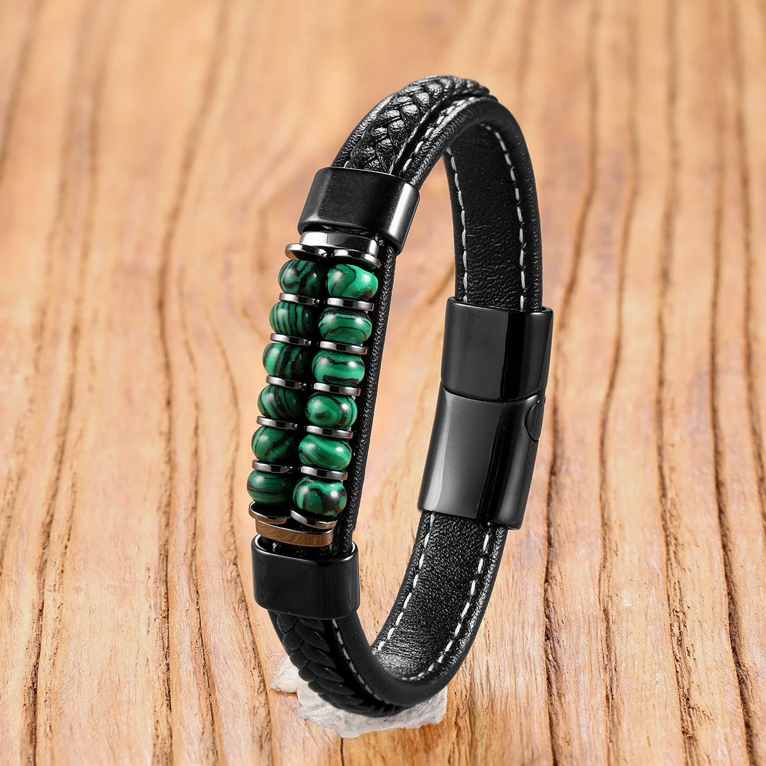 Chakra-Armband mit aus dengelenden Steinperlen - Edelstahl und geflochtenes Leder, Reiki-Geschenk