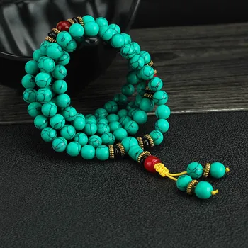 Türkis 8 mm 108 Gebetsperlen Armbänder Buddhistische Perlenketten Böhmischer Stil Männer Frauen