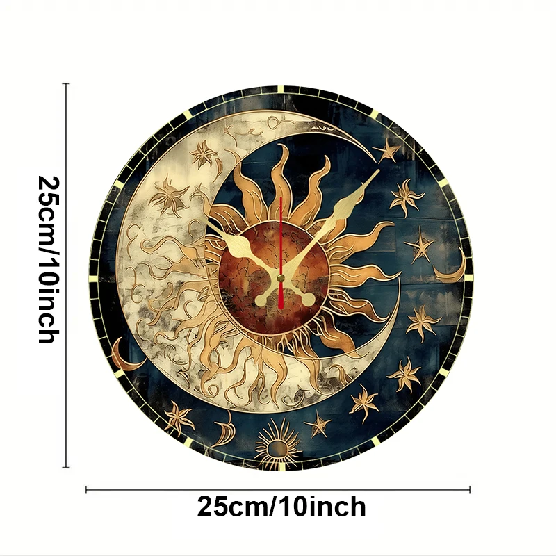 Sonne und Mond himmlische hölzerne runde, geräuschlose Wanduhr zum Aufhängen, geeignet für Wohnzimmer, Büro