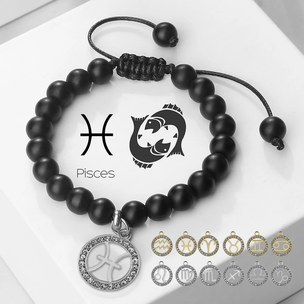 12 Sternzeichen Perlen Armband Charme Sternbild Anhänger Naturstein schwarzer Onyx Frauen Männer Armreifen