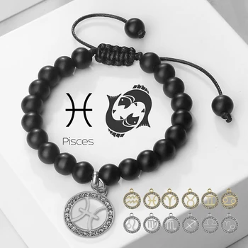 12 Sternzeichen Perlen Armband Charme Sternbild Anhänger Naturstein schwarzer Onyx Frauen Männer Armreifen