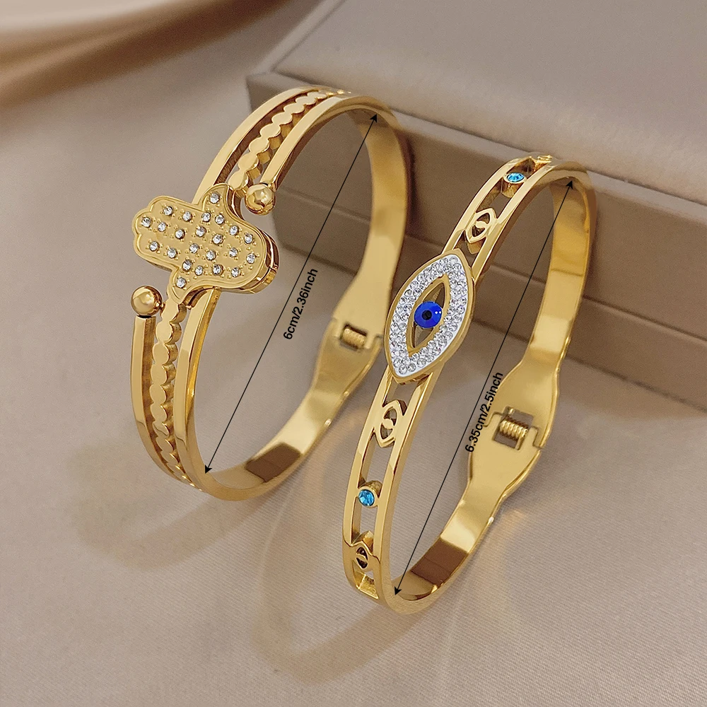 Evil Eye Hamsa Hand Armreif Schmuck für Frauen, vergoldeter Edelstahl – Bild 6