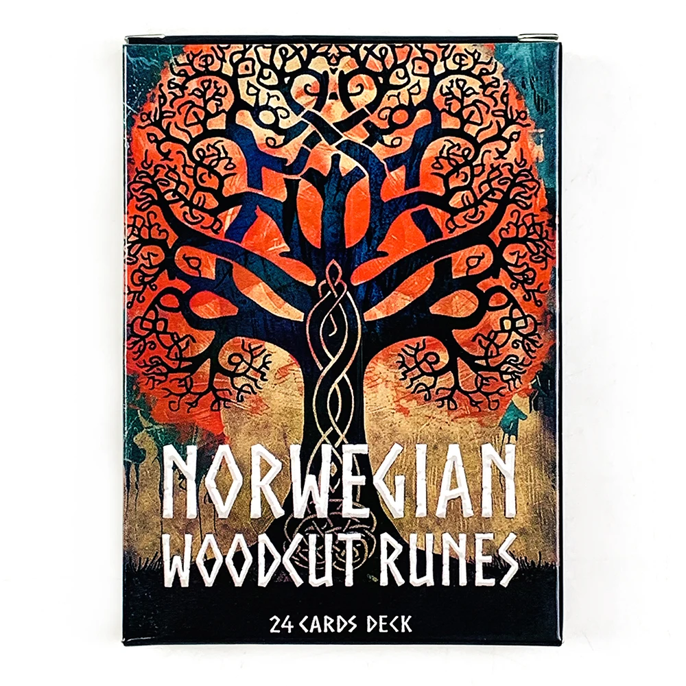 10*7CM Orakel-Deck mit Runen im norwegischen Holzschnitt-Stil, ein 24-Karten-Deck, englische Version