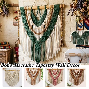 Handgewebter Wandteppich Boho Makramee Wandbehang Deko Handgefertigte Gestrickte Quasten-Wandkunst