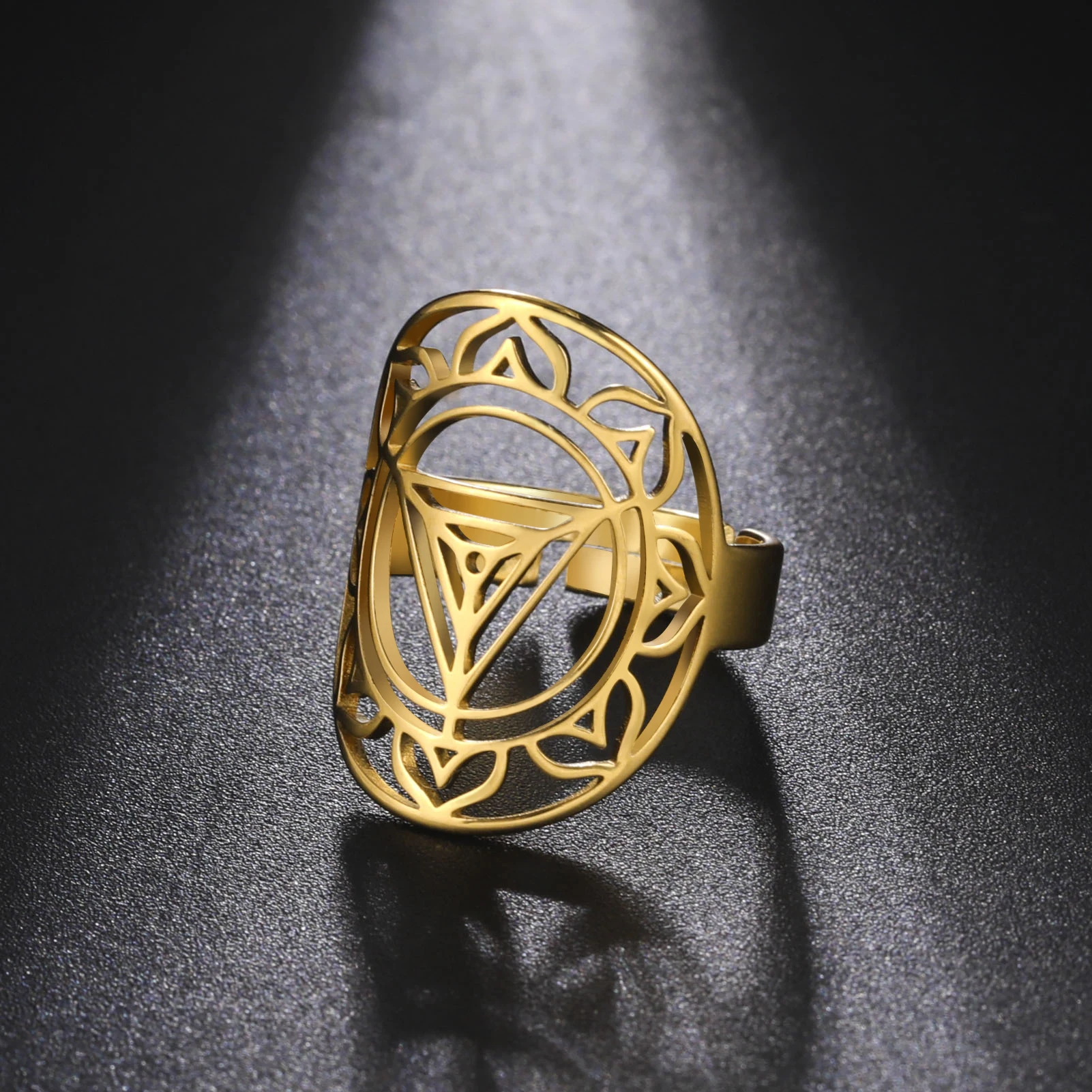 Skyrim Kali Yantra Meditation Ring Frauen Männer Edelstahl Gold Farbe Einstellbar Yoga Hindu Lotus Ringe