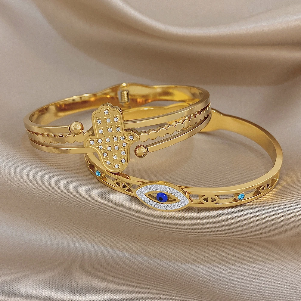 Evil Eye Hamsa Hand Armreif Schmuck für Frauen, vergoldeter Edelstahl – Bild 4