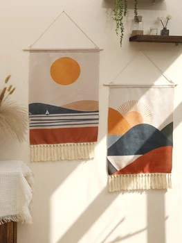 Boho Makramee Wandteppich Berg Sonnenaufgang und Sonnenuntergang Home Dekoration Wandteppich Wandbehang