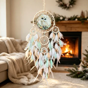 Boho-Eulen-Totem-Traumfänger, weiß, mintfarben, mit Federn, mehrreihig, Wandbehang, Türanhänger